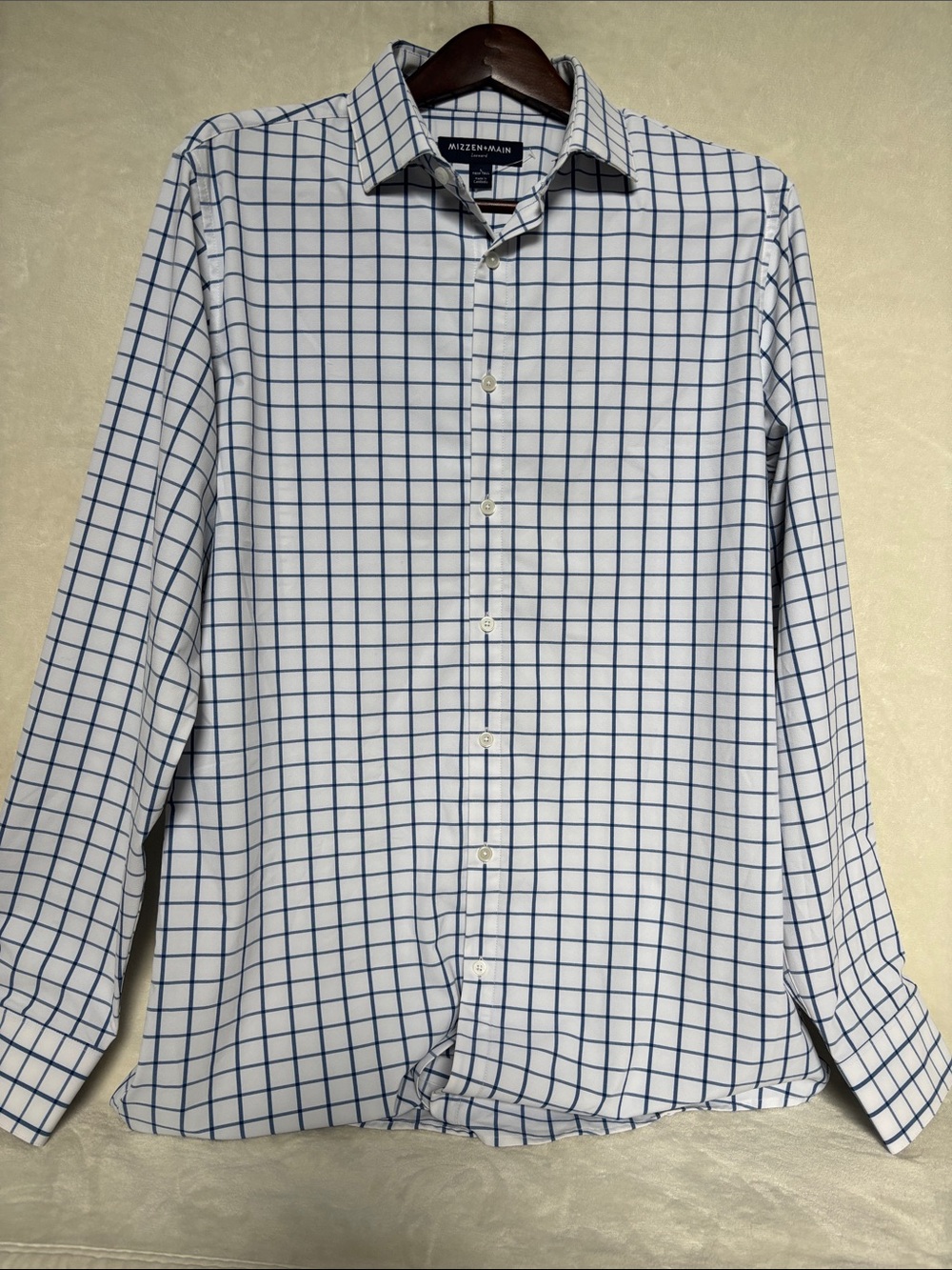 NWT Mizzen+Main White Dress Shirt with Blue Windowpane Check